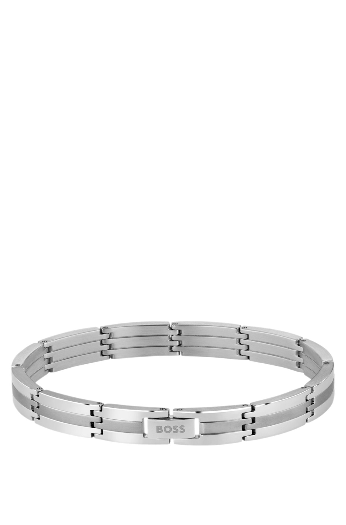 Silver-tone striped cuff with logo clasp