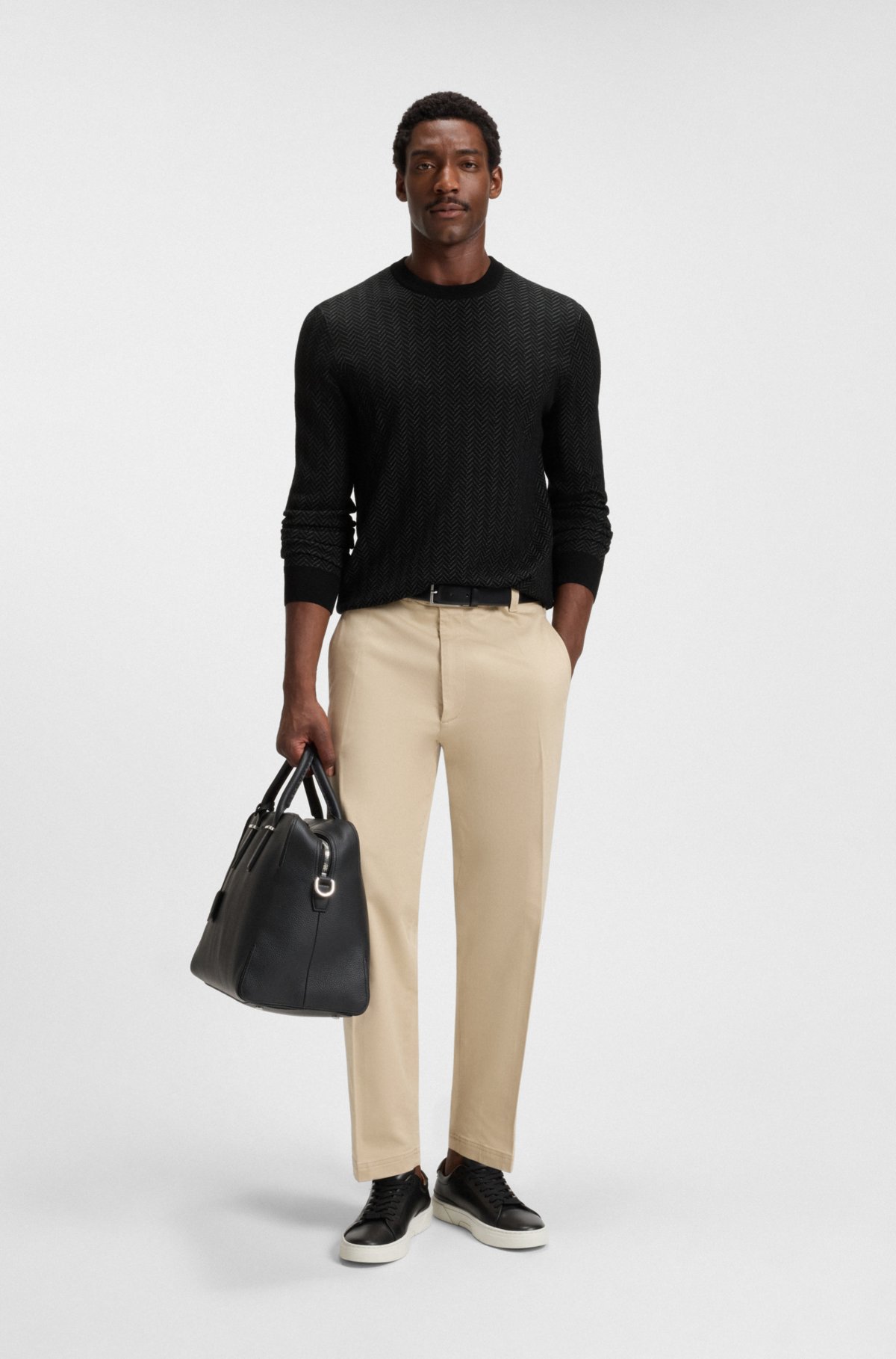 Herringbone-pattern sweater in wool and cotton