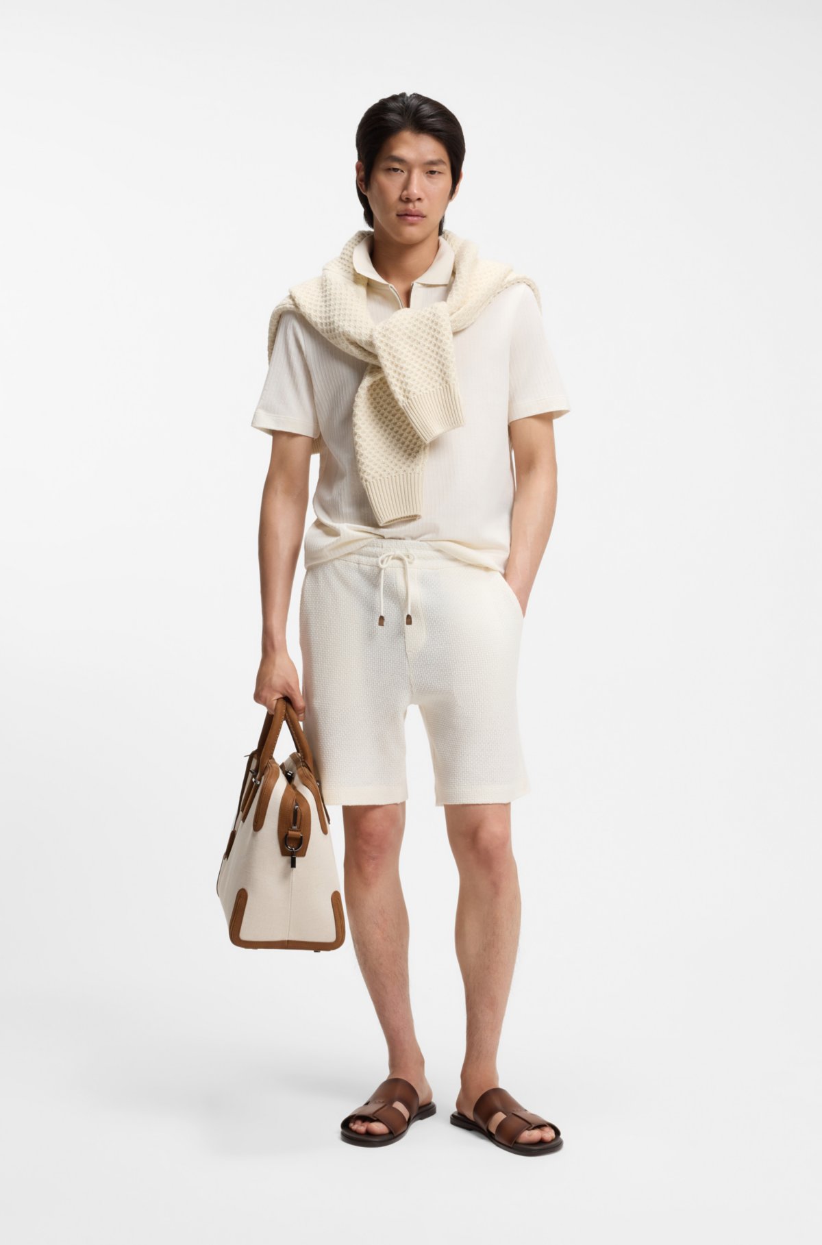 Cotton-silk polo shirt with zip neck