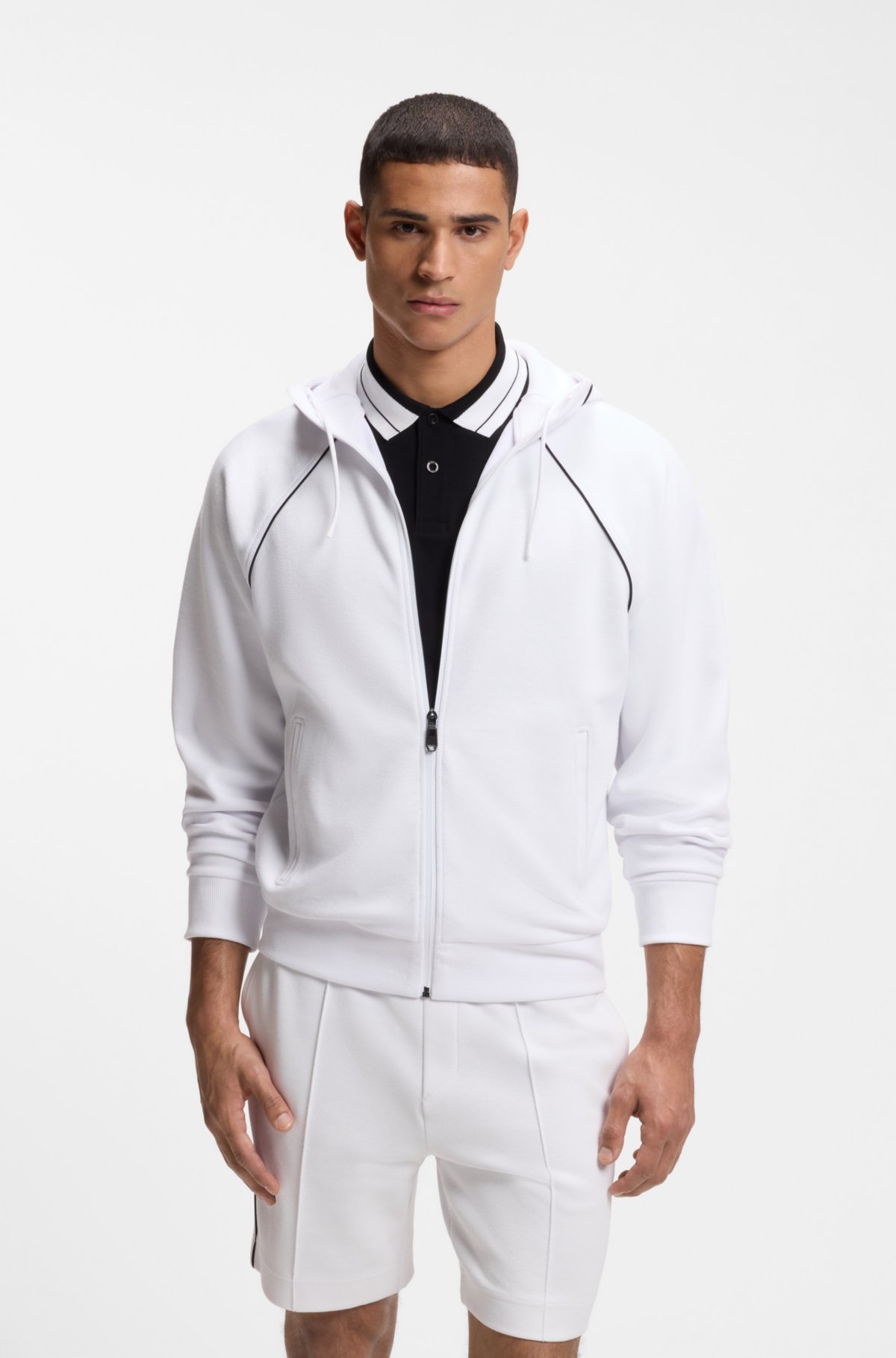 Piping-detail zip-up hoodie in a cotton blend