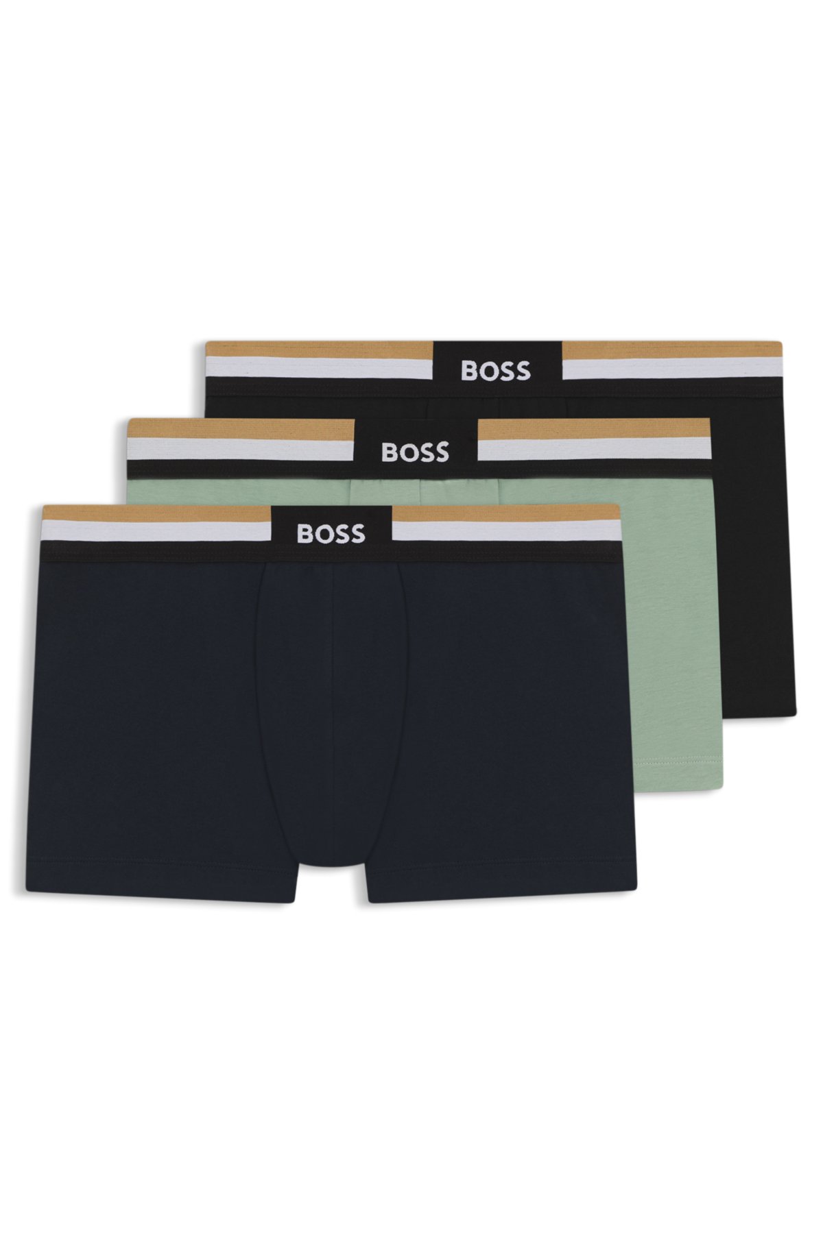 Three-pack of trunks in a moisture-wicking cotton blend