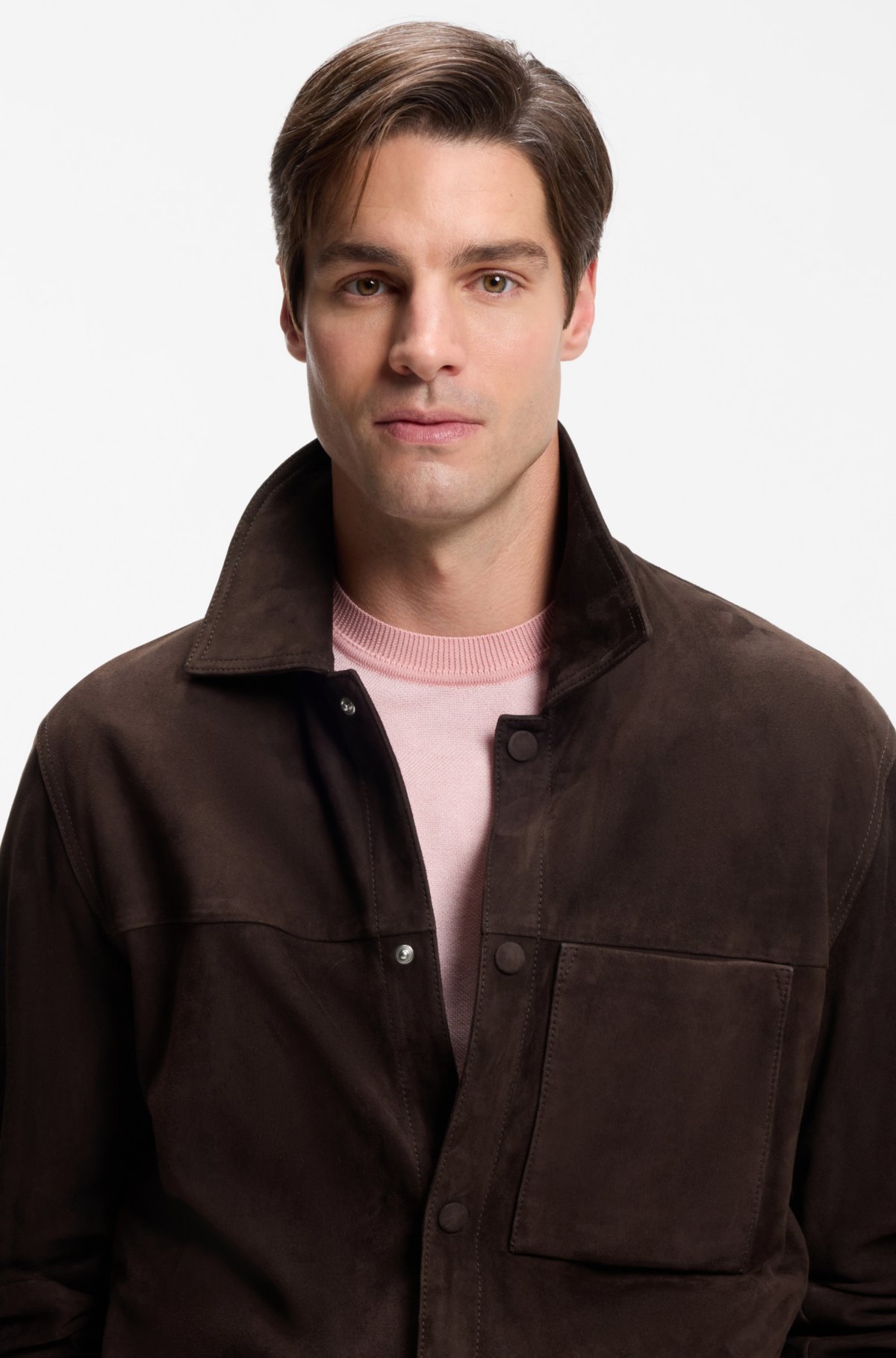 Suede jacket with snap closure